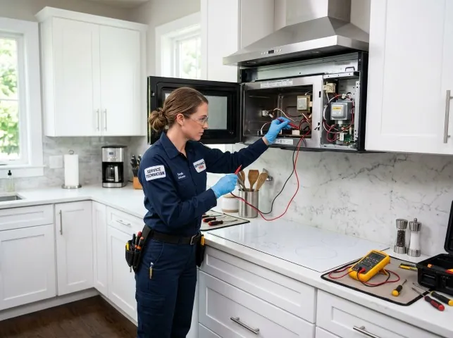 Appliance Repair Hero technician testing an over-the-range microwave in a Austin, AR kitchen